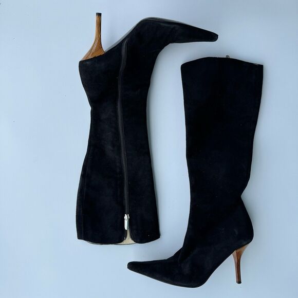 Claudia Ciuti Race Suede Kitten Heel Knee High Pointed Toe Boots Brown 6M - Picture 2 of 8